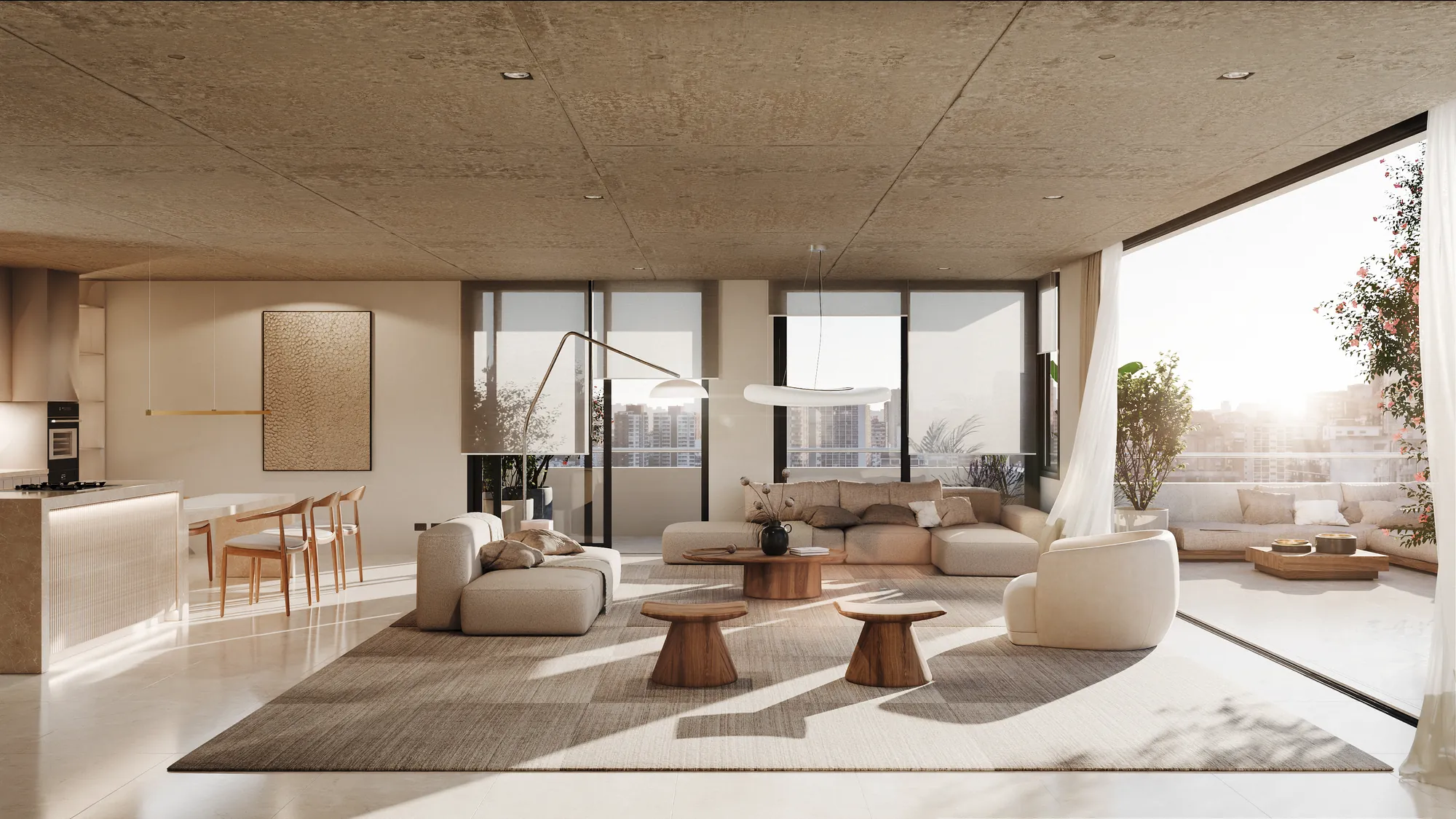 Render del living de una unidad del 5° piso