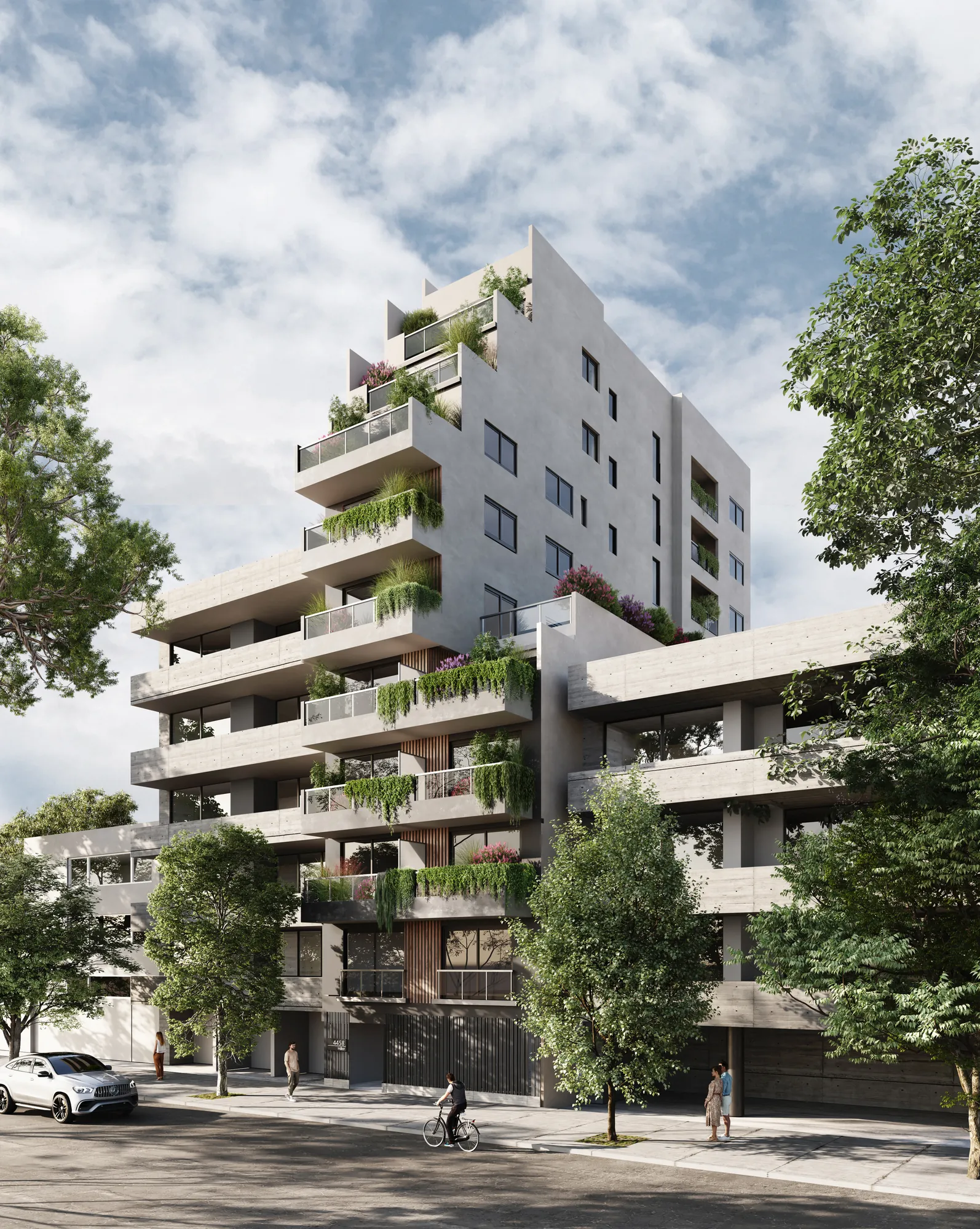 Render de Velō Miller: fachada lateral con balcones verdes en Saavedra